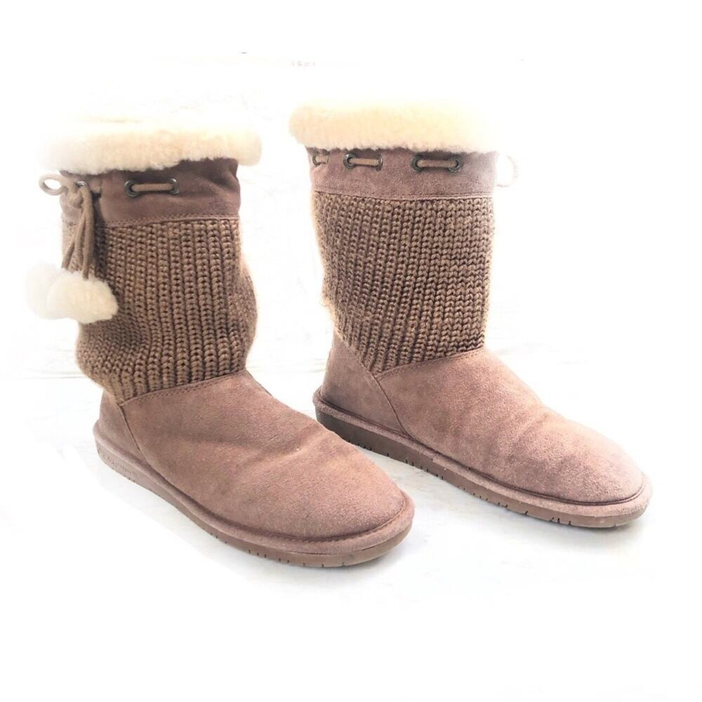 Bearpaw Constance Brown Sheepskin Tan Suede Wool Mid Calf Knit Boot Poms 10